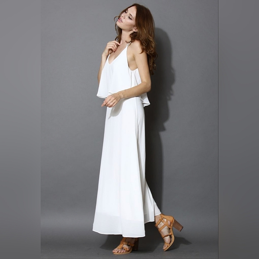 Zara Basic White Flowy Cami Tiered White Maxi Dre… - image 5